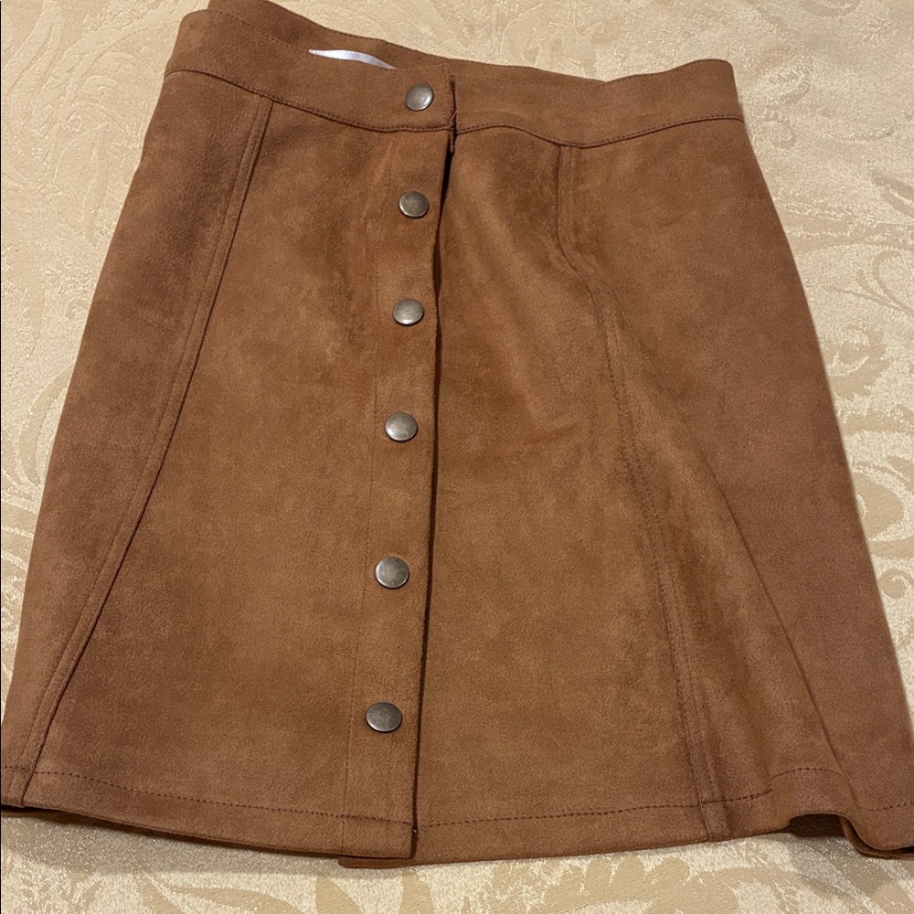 Brown Button-Front Suede Skirt
